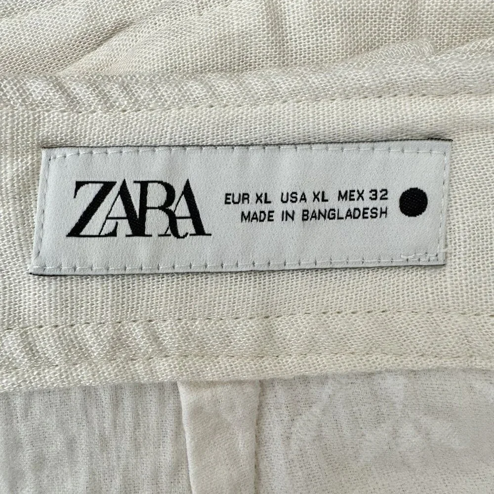 Zara Linen Blend Ivory / Light Cream High Rise Embroidered Wide Leg Pants XL